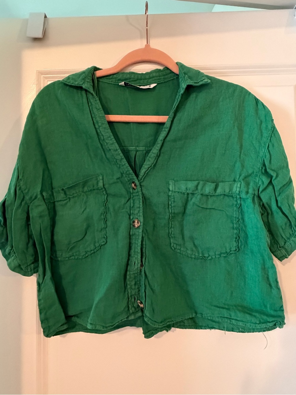 Zara Green Button-Front Linen Blend Shirt